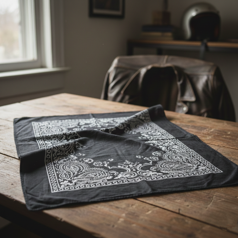 Black cotton biker bandana with [Brand Name] logo for motorcycle and gym