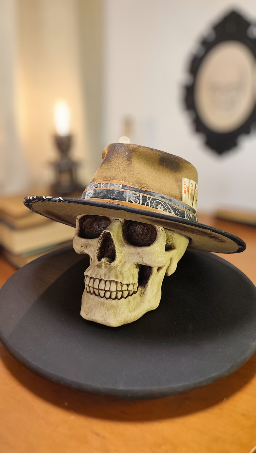 Scorched Earth distressed custom fedora with hand-burned felt and chain