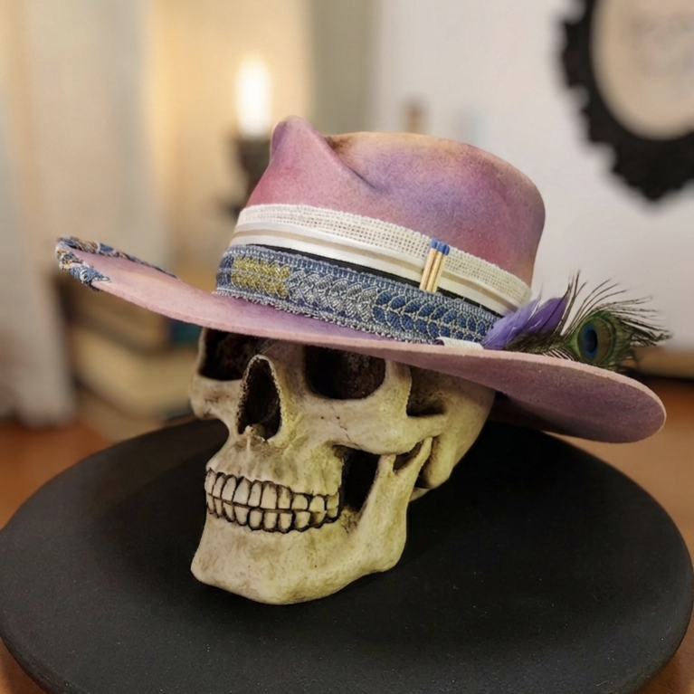 Dusty pink burned fedora with distressed paint and recycled denim stitching - Outlaw Ritual