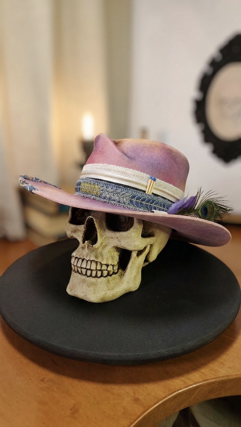 Dusty pink burned fedora with distressed paint and recycled denim stitching - Outlaw Ritual