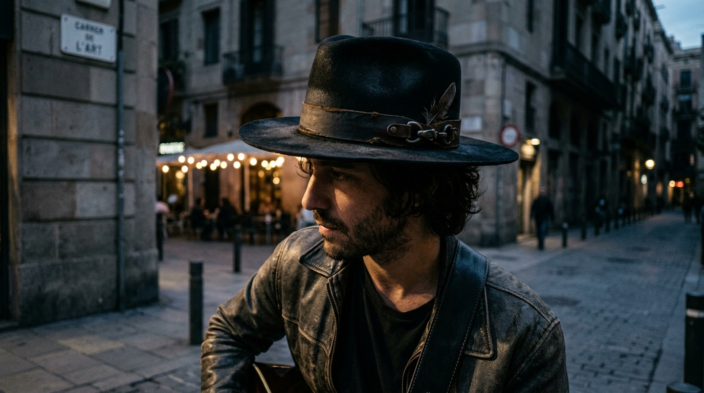 Custom black fedora hat with artisan fire distressed textures