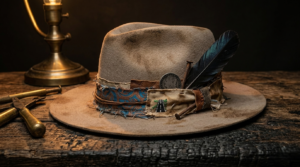 lose up of artisan distressed hat bands with silver and feathers.