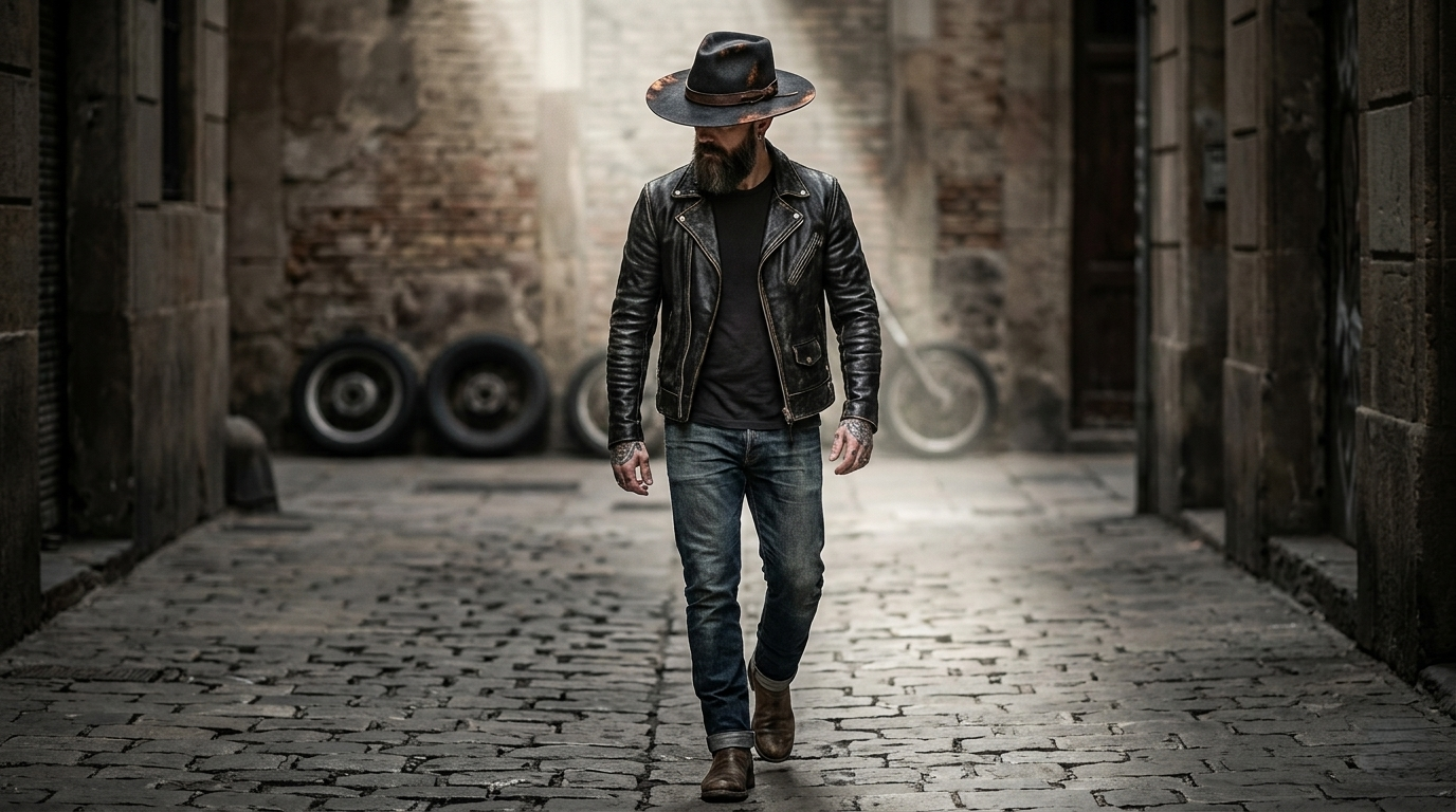 How to style an artisan wide-brim hat with leather jacket.