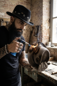 Marc Batalla making an outlaw artisan hat with fire