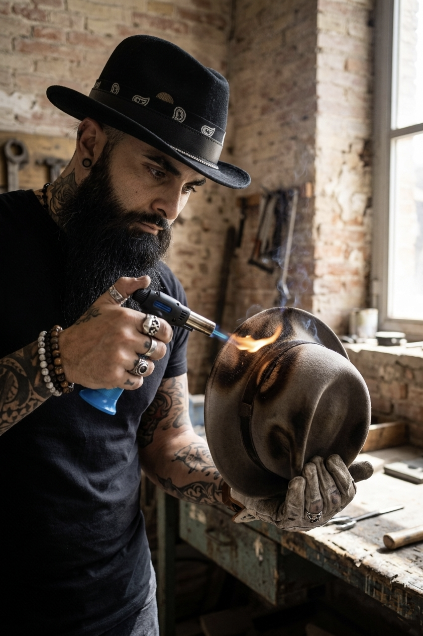 Marc Batalla making an outlaw artisan hat with fire