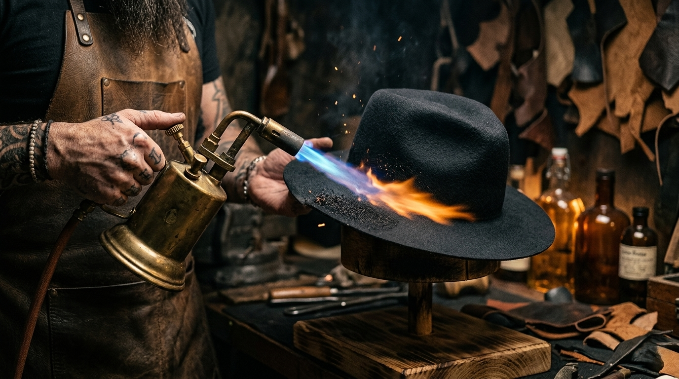 Artisan creating a fire-distressed hat in the workshop